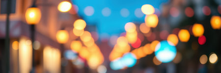 Bright city lights illuminate a bustling street at twilight in an urban festival atmosphereの素材