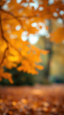 Vibrant autumn leaves softly swaying in a peaceful forest setting during the golden hourの素材