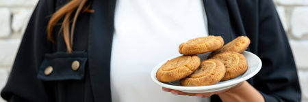 Woman holding a plate of cookies in a casual setting near a white brick wall during daylightの素材