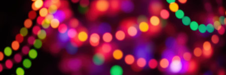 Colorful lights create a festive atmosphere during an evening celebration in a vibrant urban settingの素材