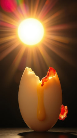 Broken egg with sun rays illuminating yolk and shell fragments in a creative and artistic settingの素材