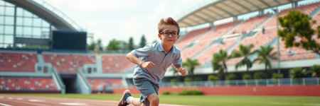 Young athlete trains on the track in a bright stadium during a sunny afternoonの素材