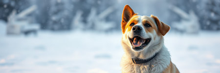 A medium-sized dog with a cheerful expression stands in a snowy outdoor settingの素材