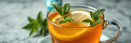 Refreshing herbal tea with lemon and mint served in a clear glass cup on a marble surface in a cozy settingの素材