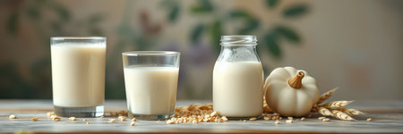 Creamy plant-based beverages displayed with a decorative white pumpkin and grains on a rustic wooden surfaceの素材