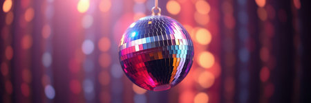 Sparkling disco ball reflecting colorful lights at a dance party settingの素材