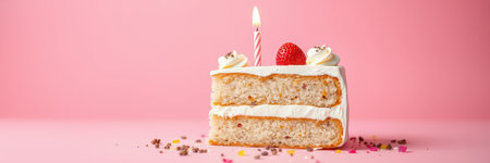 Delightful birthday cake with frosting, candle, and strawberry on a pink backgroundの素材