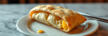 A warm, golden pastry sits on a white plate, revealing a rich custard filling. The cozy cafe ambiance enhances the delightful afternoon treat, inviting relaxation and indulgence.の素材