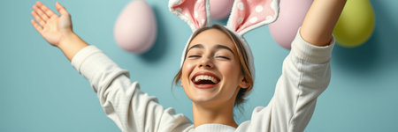 A happy young woman wears bunny ears and has her arms raised in excitement. Bright pastel decorations add a cheerful atmosphere, perfect for spring festivities.の素材