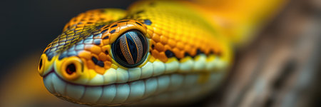 A vividly colored snake rests against a textured branch, showing its fine scales and striking eye patterns. This moment captures the beauty and detail of wildlife in its habitat.の素材