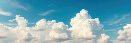 Large, white cumulus clouds fill most of the frame against a clear, bright blue sky. Smaller, wispier clouds are visible in the background. The scene evokes feelings of serenity and spaciousness.の素材
