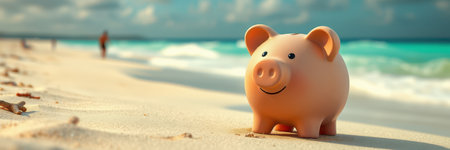 A cheerful piggy bank sits on the sandy beach, facing the ocean with gentle waves. In the background, a person strolls along the shore, enjoying a bright day.の素材