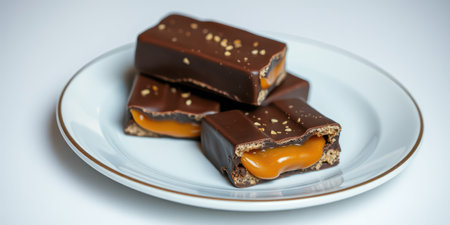 Tempting chocolate bars with a rich caramel center rest on a white plate, showing the perfect combination of flavors and textures. Ideal for a sweet snack or dessert.の素材
