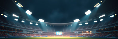 Bright stadium lights illuminate an empty field before a highly anticipated sports event in a modern arenaの素材