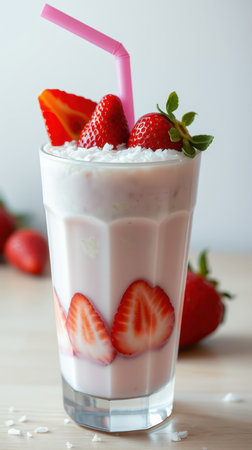Refreshing strawberry milkshake with vibrant toppings served in a clear glassの素材
