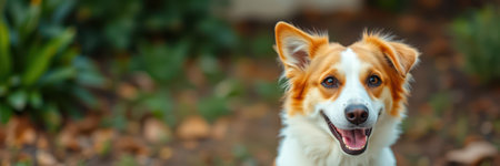 A cheerful, medium-sized dog with a predominantly white coat and reddish-brown patches sits outdoorsの素材