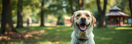 A cheerful yellow lab smiles broadly, positioned in the foreground of a vibrant green parkの素材