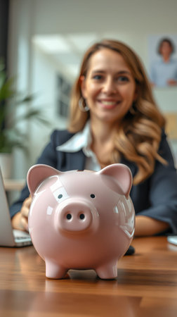 Smart investment strategies discussed by a professional with a piggy bank in focusの素材