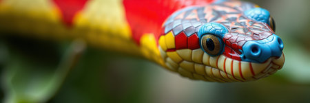 Colorful snake with vibrant patterns observed in a lush green environment during daytimeの素材