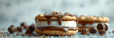 Delicious dessert features chocolate, marshmallow, and cookie layers topped with nuts and surrounded by chocolate piecesの素材