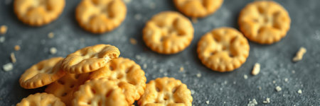 Crispy snack crackers scattered on a dark surface, showcasing their golden-brown texture and intricate designsの素材
