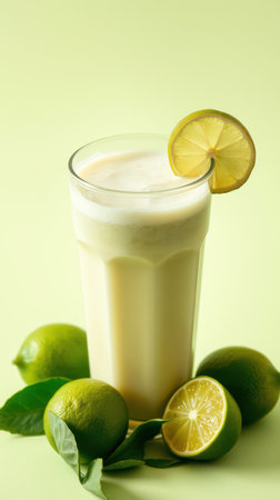 Refreshing lime drink garnished with a lemon slice on a light green backgroundの素材