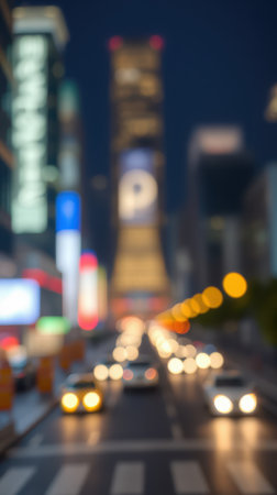 City street bustling with cars and neon lights at night, showcasing an urban landscape full of life and energyの素材