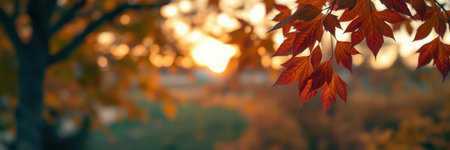Autumn leaves catch the golden light of sunset in a serene landscape with a colorful backdropの素材