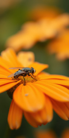 Beautiful close-up of a fly resting on an orange flower in a lush garden during springtimeの素材