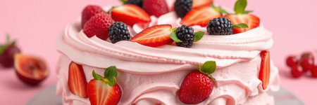 Beautifully decorated berry cake with fresh strawberries, blackberries, and a pink frosting backdropの素材