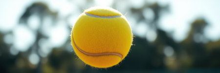 Bright yellow tennis ball suspended mid-air in a vibrant outdoor setting during a sunny dayの素材