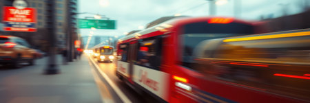 Urban transit system at twilight with blurred buses and city lights in motionの素材