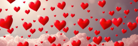 Numerous bright red hearts drift peacefully amidst soft, pink clouds under a bright sunの素材