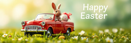 Cute bunny driving a red toy car with an Easter message in a flower-filled meadow during springtimeの素材