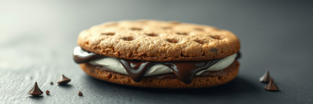 Delicious chocolate chip cookie with creamy filling and chocolate drizzle on a dark backgroundの素材