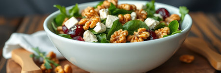 Delicious salad with greens, walnuts, and cheese served in a bowl on a wooden tableの素材