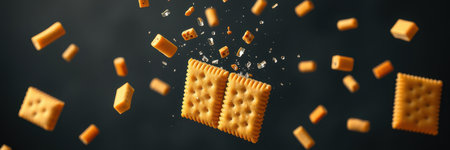Crackers and sugar cubes falling through the air against a dark background creating a playful and dynamic visualの素材