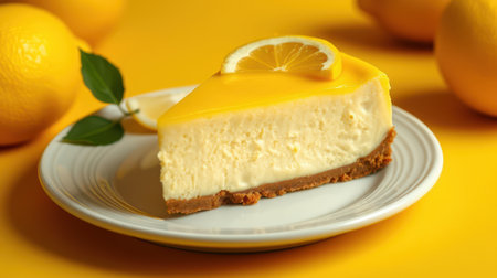 Creamy lemon cheesecake slice served on a white plate with fresh lemons and vibrant yellow backgroundの素材
