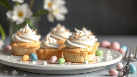 Delightful spring desserts featuring lemon meringue tarts with pastel candies on a white plateの素材