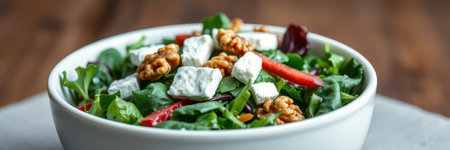 Fresh salad with greens, walnuts, feta cheese, and red peppers served in a white bowl on a wooden tableの素材