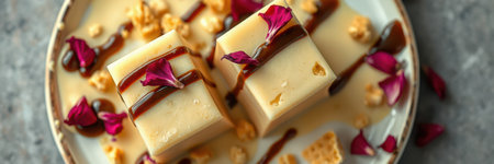 Delicate dessert featuring creamy blocks topped with caramel, nuts, and rose petals served on a stylish plateの素材