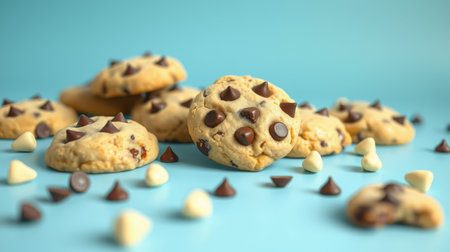 Chocolate chip cookies decorated with white and dark chocolate chips on a bright blue backgroundの素材