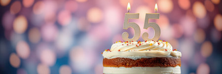 Celebrating a milestone birthday with a decorated cake and candles glowing at a festive eventの素材