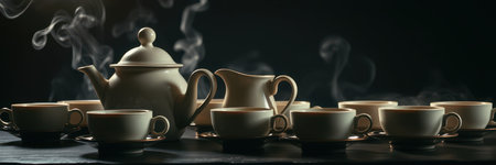Elegant tea service displayed with a steaming teapot, cream pitcher, and fine china cups arranged on a dark tableの素材