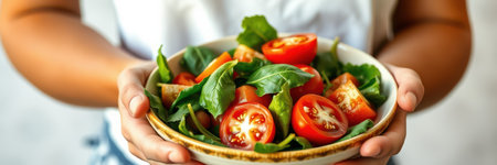 Fresh salad with tomatoes and greens served in a bowl by a person in a bright kitchen settingの素材