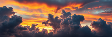 Dark, imposing clouds dominate the sky, their forms silhouetted against a fiery sunsetの素材
