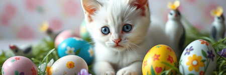 Adorable white kitten surrounded by colorful Easter eggs and playful decorations in a festive spring settingの素材