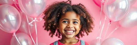 Young girl smiles joyfully in front of pink background adorned with balloons during a celebrationの素材