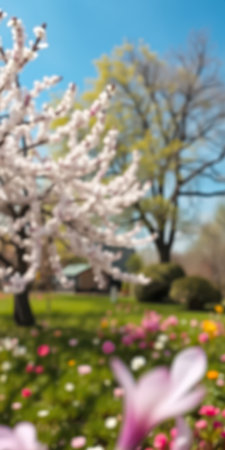Blossoming cherry tree in a vibrant spring garden with colorful flowers and clear blue skyの素材
