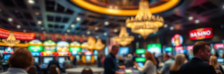Exciting atmosphere in a bustling casino filled with vibrant slot machines and elegant chandeliers during evening hoursの素材
